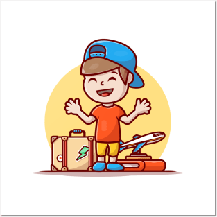 Cute Boy Travelling Cartoon Vector Icon Illustration Posters and Art